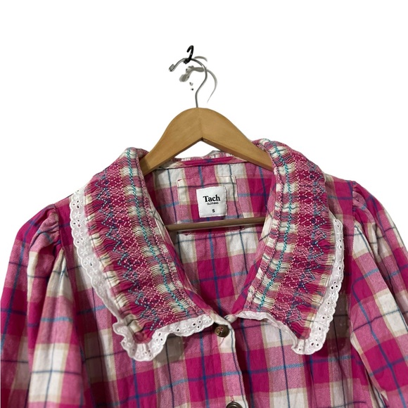 TACH Pink Plaid Ruffle Button Down Shirt Top Blouse - Picture 8 of 9